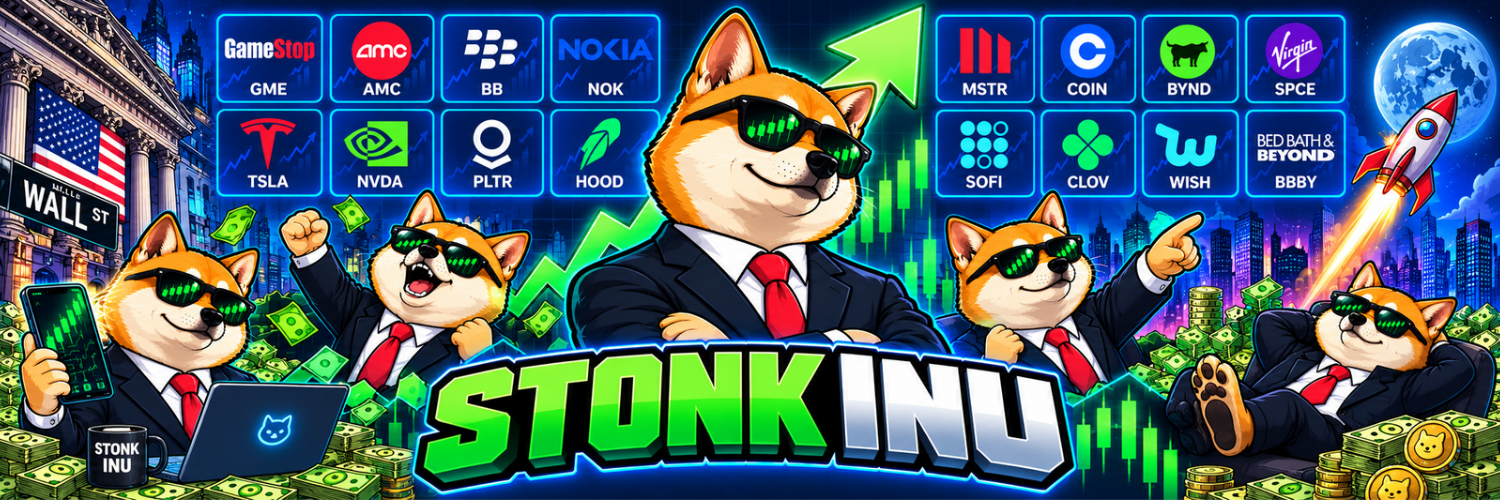Stonk Inu banner with suited Shiba traders and green candles